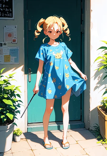 score_9,score_8_up,score_7_up,source_anime,1girl,solo,twin drills,print_dress,summer flip flops,upshirt,wand,<lora:stylish&chic_pony_bx-v1.02:1>,