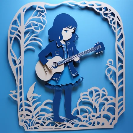 paper-cut,1girl,blue jacket,indoor,holding the guitar,<lora:Ath_paper-cut_XL:1>,