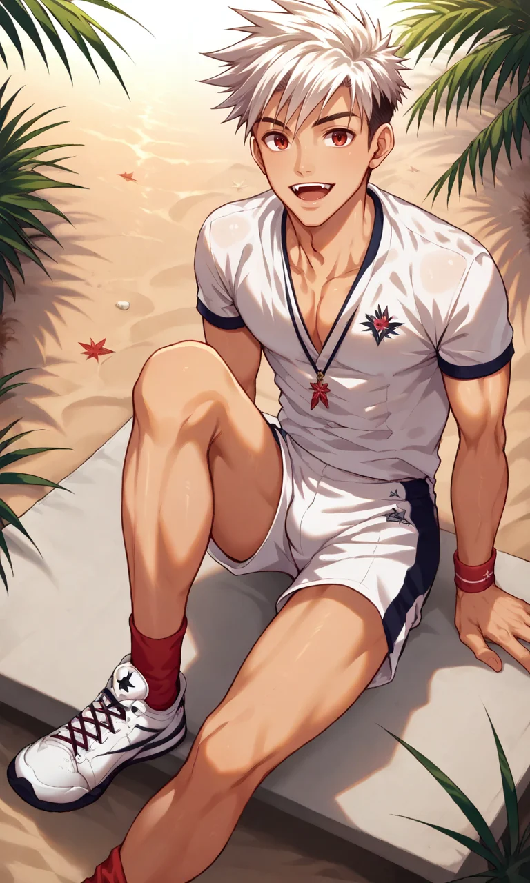 score_9, score_8_up, score_7_up, masterpiece, best quality, lots of details, (close-up:1.2), angle view, ((1boy)), Yuuto, solo, (slim:1.2), open mouth, light-red eyes, teeth, fang, smile, sitting on sand, leaning back, male focus, white t-shirt, white shorts, white sneakers, red socks, shaded, detailed shading, detailed skin, shaded skin, realistic shading, looking at viewer, Expressiveh, countershading:1.1, seashore, outdoors, nature, palm tree, <lora:add-detail-xl:0.7>, <lora:Smooth Anime 2 Style SDXL_LoRA_Pony Diffusion V6 XL:0.8>, <lora:Expressive_H:0.7>, <lora:Yuuto_XL_V10_OPT:0.9>