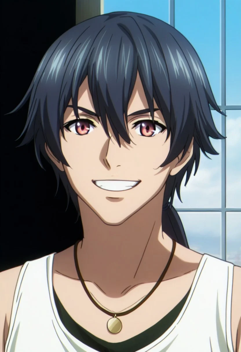 ((masterpiece)), ((best quality)), ((ultra-detailed)), ((absurdres)), score_9_up, score_8_up, score_7_up,
HD, top quality, best quality, amazing quality, High-quality illustrations, anime screencap, source_anime, best aesthetic, perfect proportions, perfect eyes, 1boy, 1male, solo boy, solo male, male focus, solo male focus, Anime, boy, male anime character, anime boy, handsome, cute, charming, Ki Juranbarada, black-gray hair, ponytail, red eyes, necklace, white tank top, ((hunk body)), ((face shot, face only, face focus)), ((smile with teeth, charming smile)), easynegative, updn, Expressiveh, masterpiece, best quality, very aesthetic, absurdres