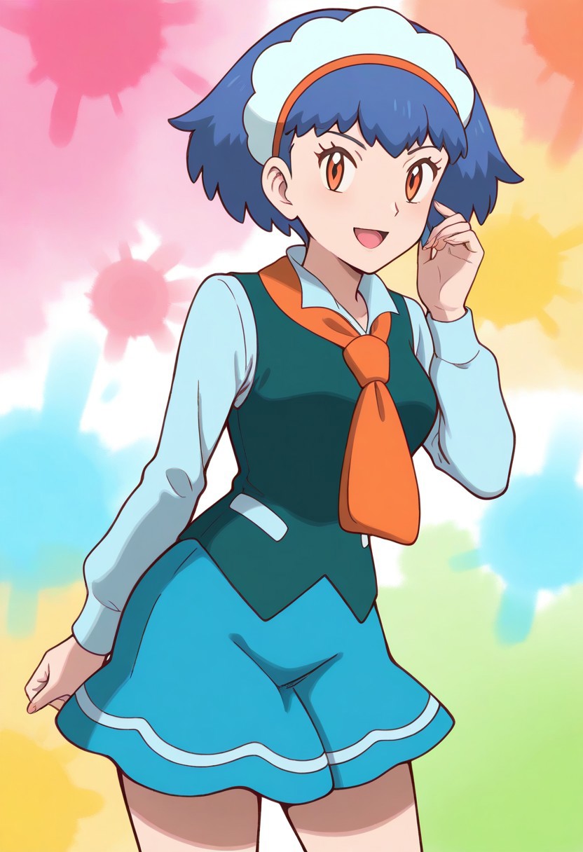 [[hinosaki, leveen]], 2d, masterpiece, best quality, amazing quality, highres, absurdres, newest, 1girl, solo, smile, open mouth, looking at viewer, colorful background, multicolored background, color splashes, xymiette, miette \(pokemon\), orange eyes, blue hair, short hair, headdress, vest, collared shirt, long sleeves, skirt, orange necktie, cowboy shot, (mature female, adult body, grown up, aged up)