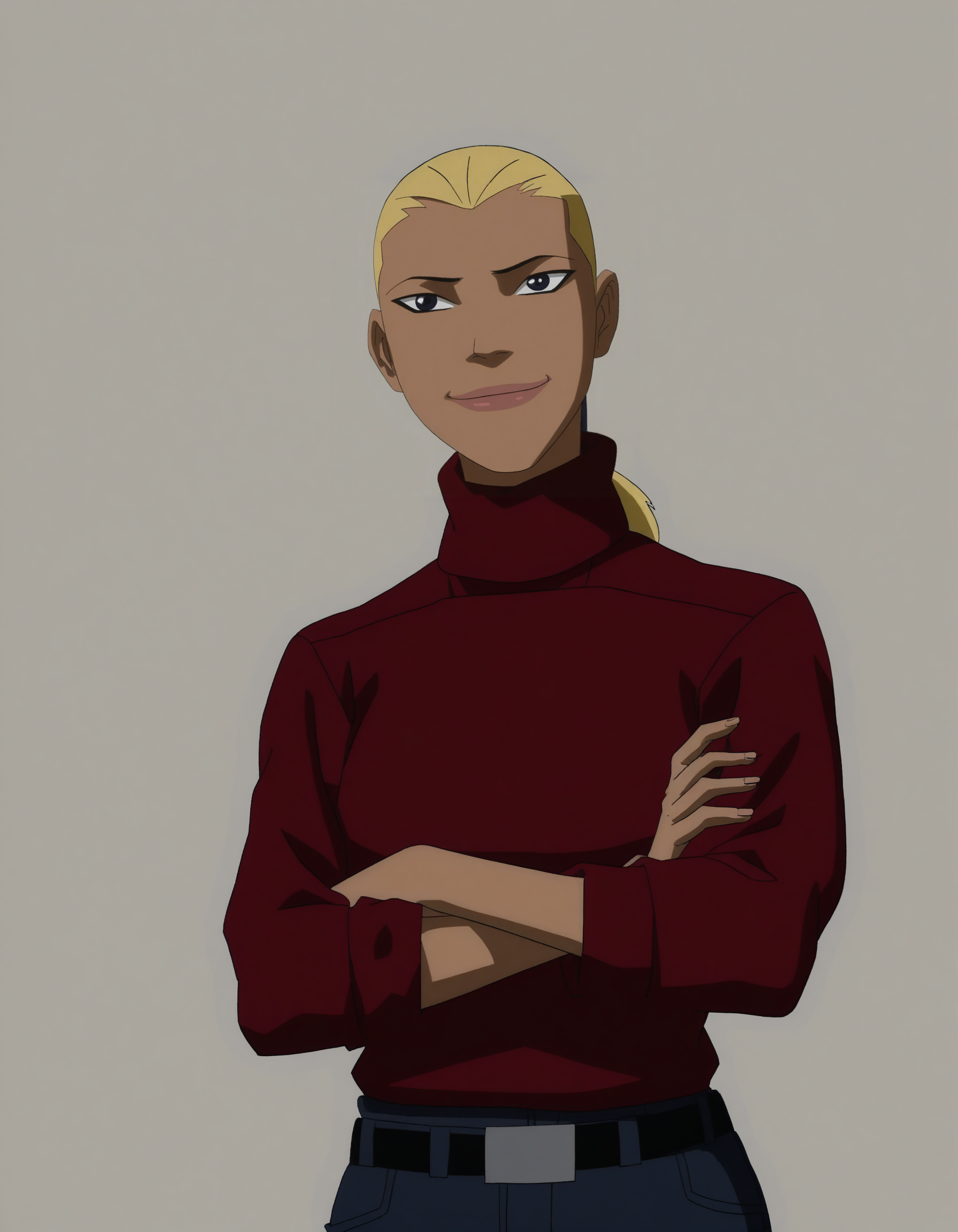 front_view, upperbody, <lora:modern_anime_screencap_v1_0:0.8> anime screencap, (highres, best quality), zPDXL, 1girl,
<lora:art3m1s:1> art3m1s, 1girl, solo, low ponytail, looking at viewer, gentle smile, closed mouth, posing for photo, crossed arms, 
\(black\) turtleneck, belt, jeans
<lora:Pony_DetailV2.0:0.5>
megami monthly magazine cover, pinup, white background,