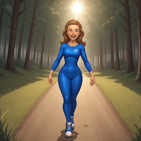 score_9, score_8, BREAK, solo, mii, wii, dark blonde hair, blue eyes, freckles, open mouth, teeth, half-tree shaped nose, royal blue clothing, 1girl, black leggings, breasts, abby_(\wii_sports\), wii sports, female mii, 1girl, cute, shoes, Nintendo Mii, modern_mii, classic_mii, sexy pose, smile, outdoors, sunlight, shadows, evening lighting, natural lighting, forest, trees, grass, orange sky, sunset