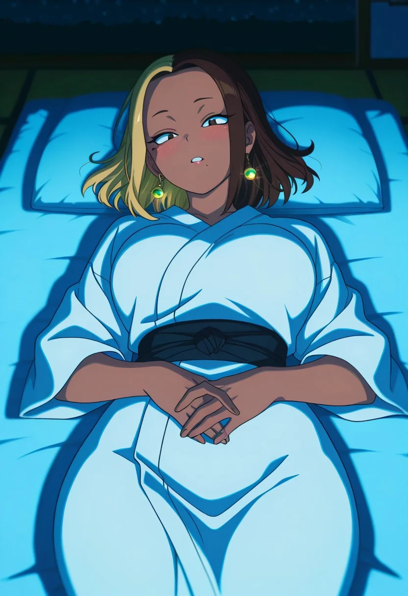 cinematic, (masterpiece), (best quality), (ultra-detailed), very aesthetic, illustration, perfect composition, intricate details, absurdres, detailed face, (anime, masterpiece, intricate:1.3), realistic,masterpiece, best quality, ultra detailed,high quality,high res,high saturation,depth of field,high res,4K,8K,well drawn,
luster,glittery,dynamic back lighting,dark lighting,sharp focus, perfect hands, perfect light,add_detail:1, add_detail:0, add_detail:0.5,
1girl,solo,oneminenenecnn,mole under eye, mole under mouth,mm,big breasts,brown hair,medium hair,two-tone hair, dark-skinned female,split-color hair, blonde bangs,earrings,potara earrings,anime coloring,wide hips, looking at viewer, beautiful face, perfect face, White kimono, lying on back, looking at viewer, blushing,
on futon,night,
anime screencap, anime coloring