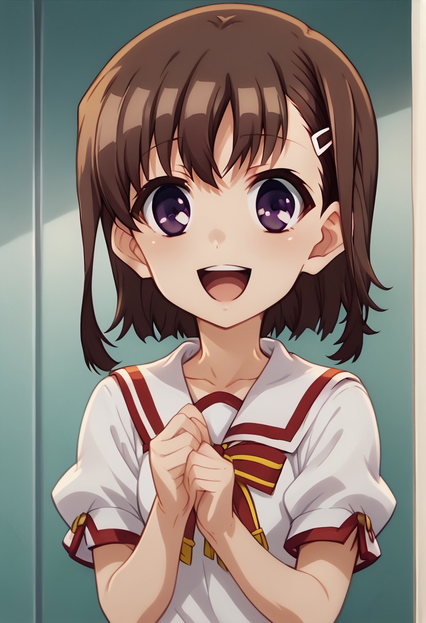 score 9, score 8 up, score 7 up, masterpiece_portrait, high quality, anime coloring,anime_screencap, traditional_media,detailed face,fate/kaleid liner prisma illya,katsura mimi ,mimi katsura,1girl,solo,school uniform,short hair,hairclip,hair ornament,brown hair,purple eyes,open mouth,skirt,:o,short sleeves,asymmetrical bangs,uniform,happy