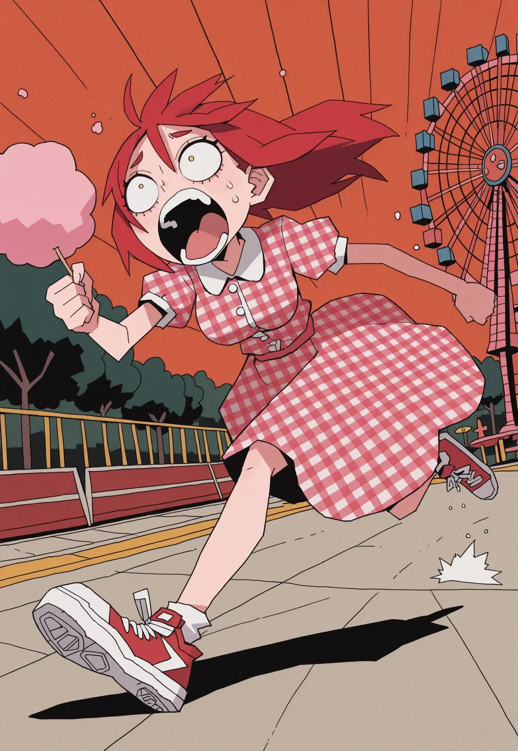 masterpiece, best quality, very aesthetic, 0huton_illu,
solo, smear_frame, 1girl, gingham dress, unmoving_pattern, sneakers, red hair, running, amusement_park, speed lines, screaming, cotton_candy, constricted pupils, [floating, flying]