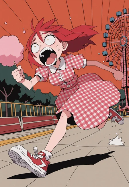 masterpiece, best quality, very aesthetic, 0huton_illu,
solo, smear_frame, 1girl, gingham dress, unmoving_pattern, sneakers, red hair, running, amusement_park, speed lines, screaming, cotton_candy, constricted pupils, [floating, flying]
