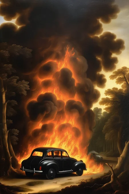 <lora:Salomon van Ruysdael Style:1>Salomon van Ruysdael Style - a dutch painting of a car engulfed in flames in the midst of a forest, with its side door open. The fiery scene creates an intense and dramatic atmosphere, possibly suggesting a car accident or arson. The setting is surrounded by trees, creating a feeling of isolation and danger. Rule of thirds, perspective