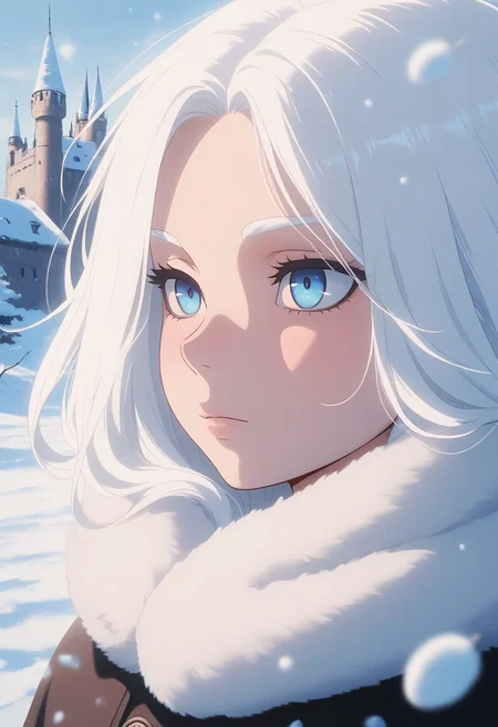 masterpiece, best quality, amazing quality, LDSCH, aesthetic, 1girl, portrait, white hair, blue eyes, detailed, snow, outdoors, castle, snowfall, close-up