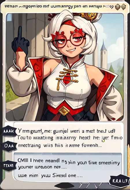 score_9, score_7_up BREAK c4rd, english text, purah, white hair, red eyes, hair ornament, red headband, red glasses, sleeveless shirt, white coat, black skirt, red leggings, gloves, smug, middle finger <lora:MTG_card_v2:1> <lora:purah-pdxl-nvwls-v1:0.8> <lora:riz_pd_dora:0.8>