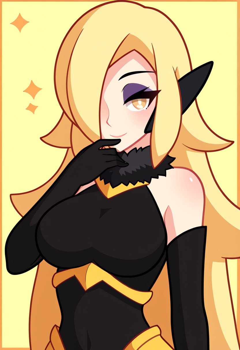 score_9, score_8_up, score_7_up, score_6_up, score_5_up, score_4_up, source_cartoon, <lora:confetti-extract- ponyxl:0.85>, detailed eyes, easynegative, rating_explicit, Expressiveh, 1girl, solo,twain, hair ornament, blonde hair, yellow eyes, long hair, large breasts, hair over one eye, makeup, eyeshadow, big breasts,black gloves, elbow gloves,  black dress, fur collar, armor, shoulder armor, breastplate, dress, black dress, smiling to viewer
