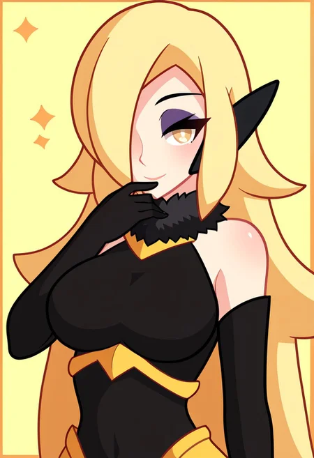 score_9, score_8_up, score_7_up, score_6_up, score_5_up, score_4_up, source_cartoon, <lora:confetti-extract- ponyxl:0.85>, detailed eyes, easynegative, rating_explicit, Expressiveh, 1girl, solo,twain, hair ornament, blonde hair, yellow eyes, long hair, large breasts, hair over one eye, makeup, eyeshadow, big breasts,black gloves, elbow gloves,  black dress, fur collar, armor, shoulder armor, breastplate, dress, black dress, smiling to viewer