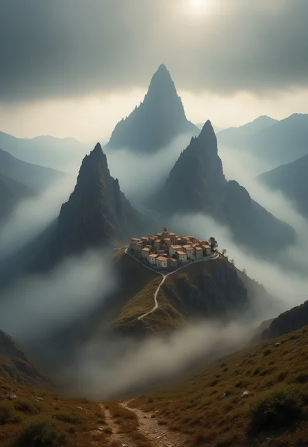 their peaks veiled in mist. mixed media, surrealism, great lighting, A surreal landscape highly detailed . extremely high-resolution details,  appears trapped in an optical illusion of reflections and refractions colorful , mountains and village in Ancient Greece , professional photography, natural lighting, volumetric lighting maximalist. intricately detailed, complex, elegant, expansive, fantastical, film photography style,  medium grain
 (8k uhd:1,4)
(((full-clothed))),
 <lora:add-detail-xl:1>
 <lora:Dynamic Poses:1>