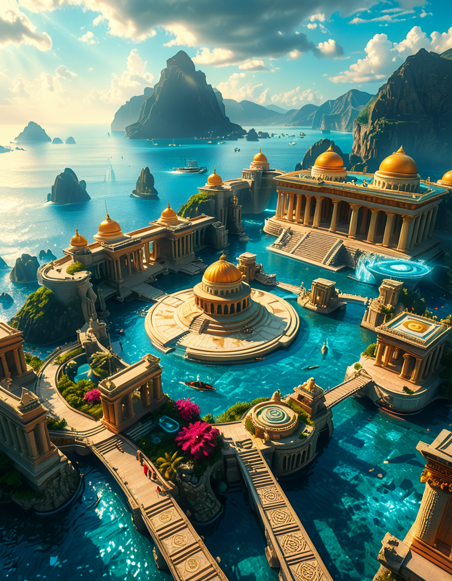 A breathtaking view of the lost city of Atlantis, submerged beneath crystal-clear ocean waters. The city showcases a magnificent blend of ancient Greek and futuristic architecture, with towering marble temples, golden domes, and intricate carvings glowing under the soft bioluminescent light of coral reefs. Majestic pillars and archways, partially covered in coral and algae, rise from the ocean floor, creating an atmosphere of mystery and forgotten grandeur. The sunlight filters through the water, casting shimmering patterns on the grand stone pathways and illuminating massive statues of gods and mythical beings, eroded by time. The scene is peaceful and awe-inspiring, with an ethereal blue glow enhancing the dreamlike, almost magical quality of this underwater utopia. No marine creatures or human presence disrupt the timeless serenity of this lost civilization.
 <lora:atl4nt1s:1>,atl4nt1s,<lora:SDXLFaeTastic2400:0.4> <lora:extremely_detailed:0.4> extremely detailed, Masterpiece,best quality,hi res,8k,hi res,8k,award winning,(sharp focus, intricate, highly detailed),