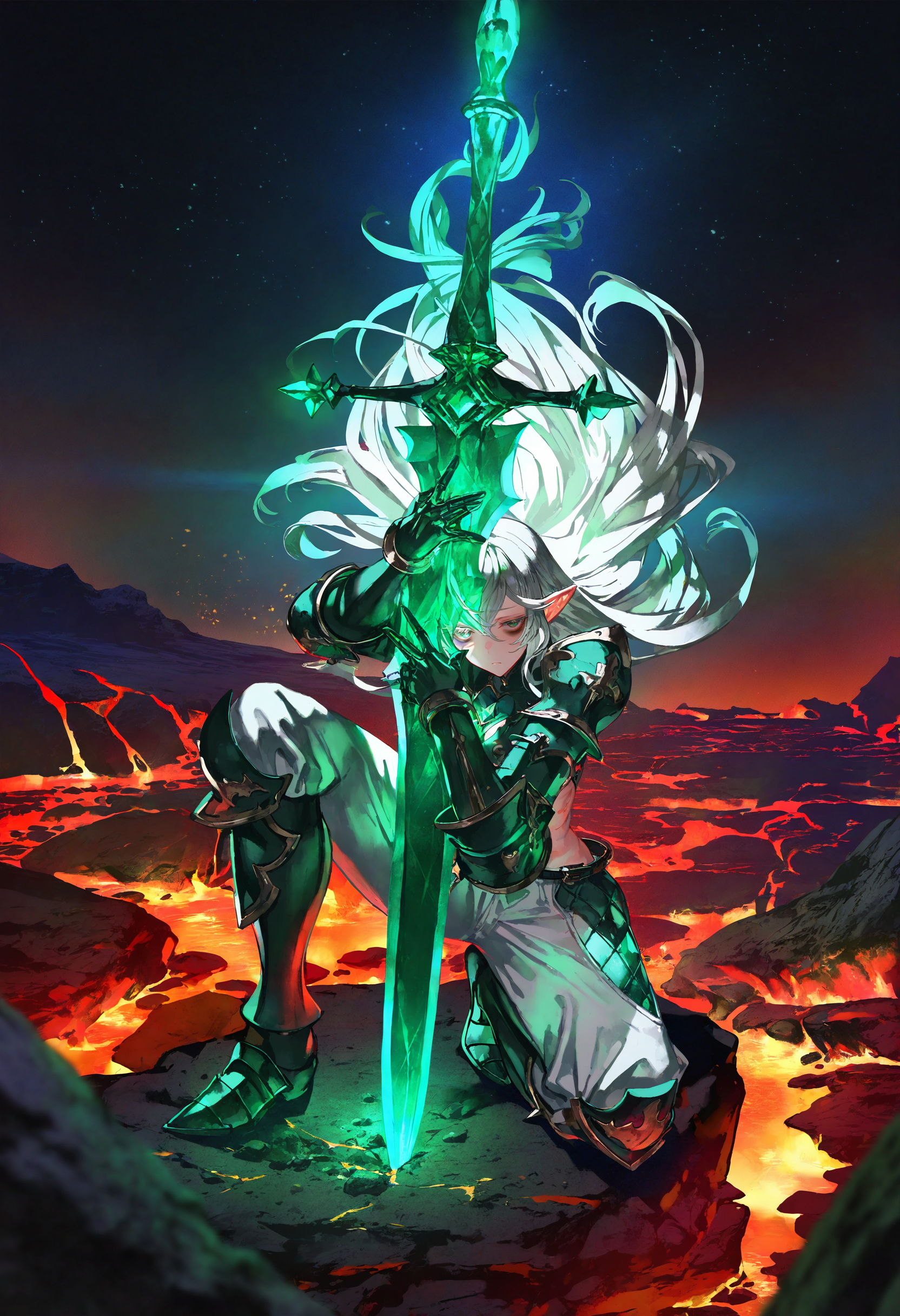 artist:[diyokama|yoneyama mai|lam \(ramdayo\)|quasarcake], granblue fantasy,
1girl, knight, muscular, pointy ears, [pearl:emerald:0.5], sword, dazzling, armored, shoulder armor, white hair, kintsugi, bags under eyes, on one knee, dynamic pose, hip vent,
[|green gemstone:10], bright inner glow, iridescent, ultraviolet light, outdoors, scenery, night sky, lava, rock, backlighting, high contrast,
masterpiece, best quality, very awa, absurdres
<lora:noobai_vpred_1_green_emerald_v1:1>