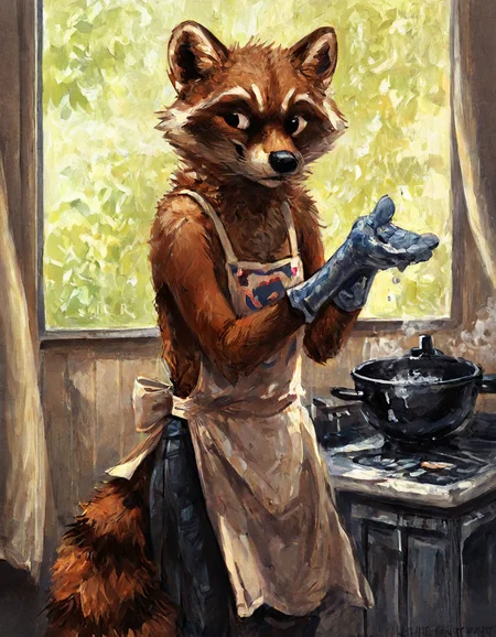 A charming furry-style illustration of a raccoon character washing dishes in a cozy, well-lit kitchen. The raccoon has soft, detailed fur with subtle shading, wearing a cute apron and rubber gloves. The kitchen features warm wooden cabinets, a vintage sink with chrome faucets, and a window showing a moonlit night outside. Steam rises from the soapy water, and bubbles float in the air, adding a playful touch. The scene is vibrant and whimsical, with a focus on expressive character design and a cozy, inviting atmosphere.
<lora:Better_Kenket:1>, score_9, score_8_up, score_7_up, score_6_up, score_5_up,