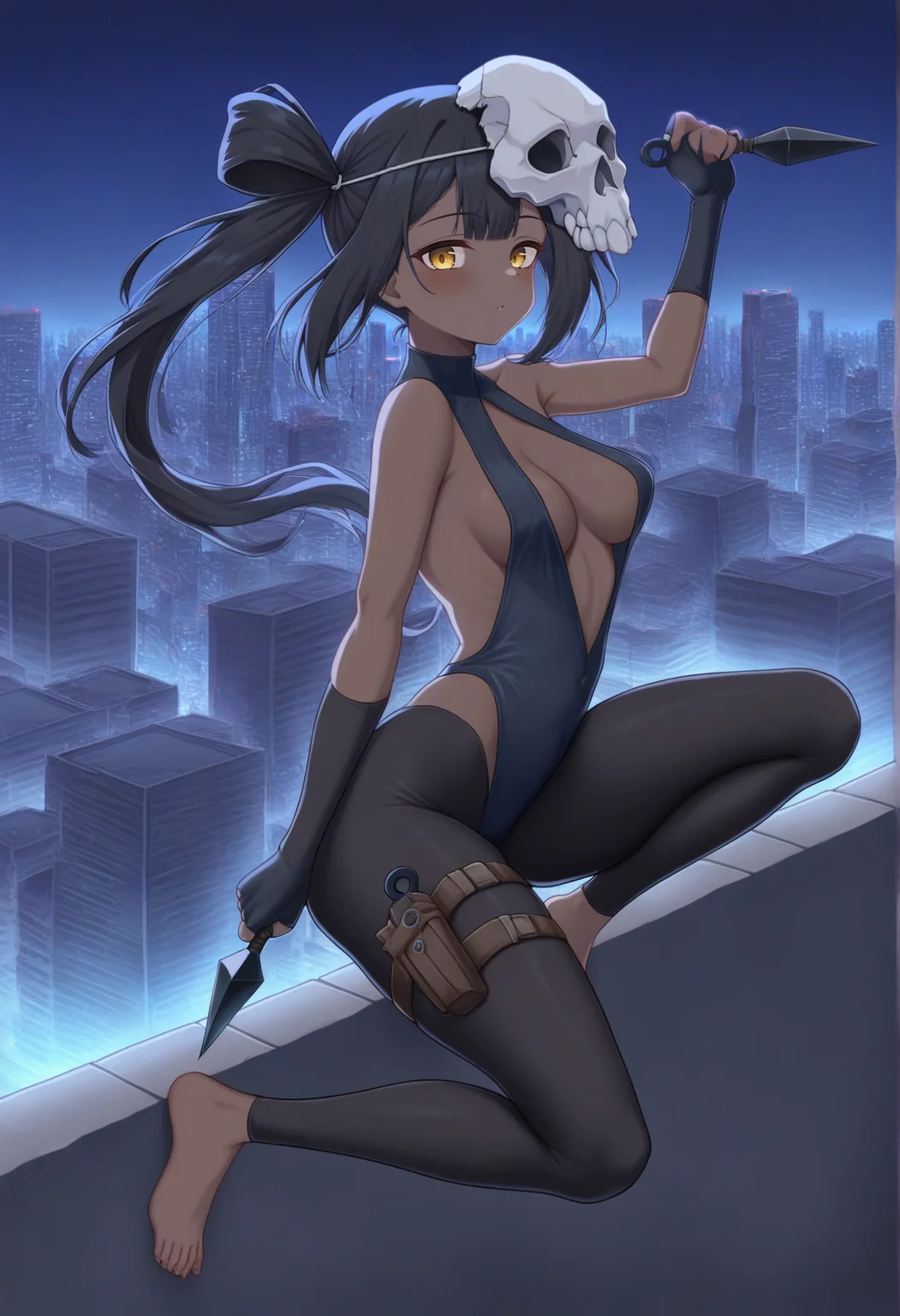 black hair, dark skin, long hair, folded side ponytail, skull, mask on head, highleg leotard, center opening, arm wrap, fingerless gloves, leggings, hip vent, darl skin, thigh holster, arched back, holding kunai, jumping, rooftop, on rooftop, skyscraper, night, barefoot, medium breasts, looking at viewer <lora:Miyu_Illus:1>, masterpiece, best quality, amazing quality, very aesthetic, absurdres, highres, newest