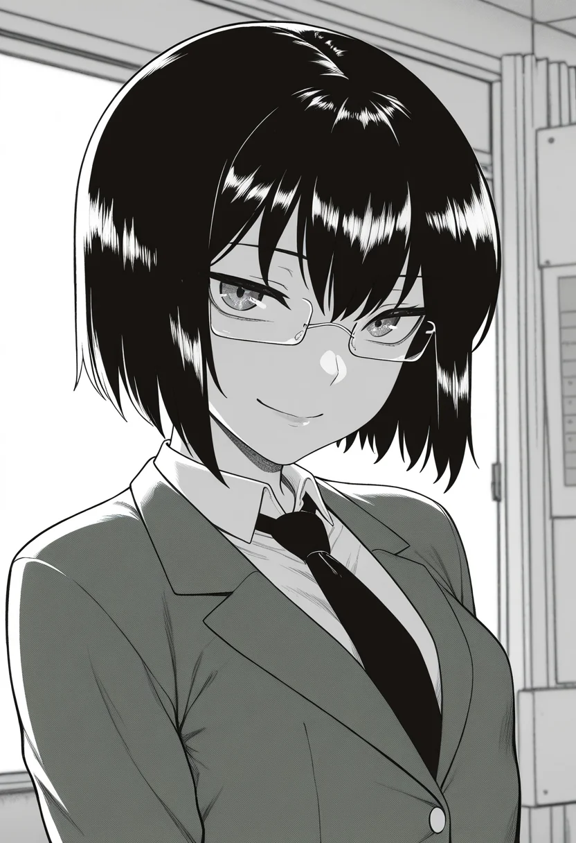 masterpiece, best quality, amazing quality, absurdres, 1girl, solo, (portrait:1.2), monochrome, grayscale, norikoww, short hair, bob cut, glasses, small breasts, school uniform, necktie, blazer, collared shirt, looking at viewer, smile, indoors, day, skindentation, detailed clothing folds, depth of field, sharp, high contrast, dynamic light <lora:Karasuma_Noriko_Prepaid_Honey_ill:0.9>
