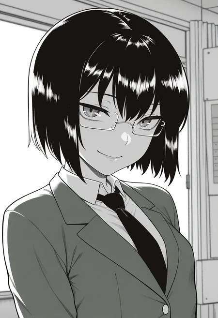 masterpiece, best quality, amazing quality, absurdres, 1girl, solo, (portrait:1.2), monochrome, grayscale, norikoww, short hair, bob cut, glasses, small breasts, school uniform, necktie, blazer, collared shirt, looking at viewer, smile, indoors, day, skindentation, detailed clothing folds, depth of field, sharp, high contrast, dynamic light <lora:Karasuma_Noriko_Prepaid_Honey_ill:0.9>