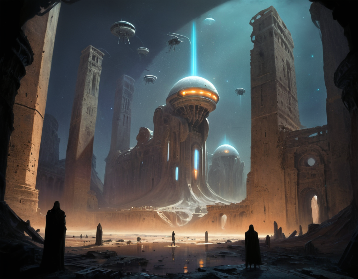 A swarm of bioluminescent drones hovered over what remained of the colossal edifices, their eerie lights casting long shadows across the ruins as they searched for something - or someone - that had once called this place home in a galaxy far from Earth, b3ks1n