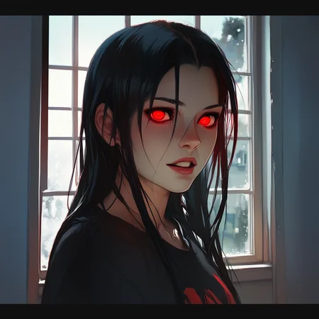 score_9,score_8_up,score_7_up,
LowKeyLights_v2, 1girl,solo,long hair,looking at viewer,shirt,black hair,red eyes,parted lips,teeth,indoors,lips,window,glowing,letterboxed,portrait,glowing eyes,red lips,
 <lora:low-key_lights_v2_pony:0.8>