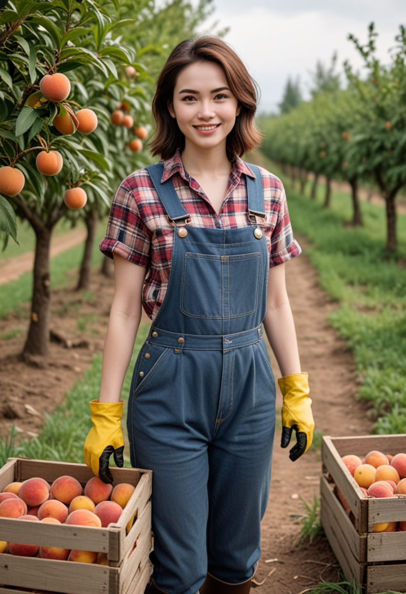 (medium full shot) of (rugged farmer) young woman, thai, pale skin, brown eyes, normal build, medium dark bob hair,  wearing a plaid shirt, comfortable pants, rubber boots, gloves, set in  Orchard, Peach Trees, rows of peach trees with ripe fruit, the sweet smell of peaches, a wooden crate filled with peaches, bees buzzing around, woman smiling, Masterpiece,best quality, photo, realistic, very aesthetic, detailed face,