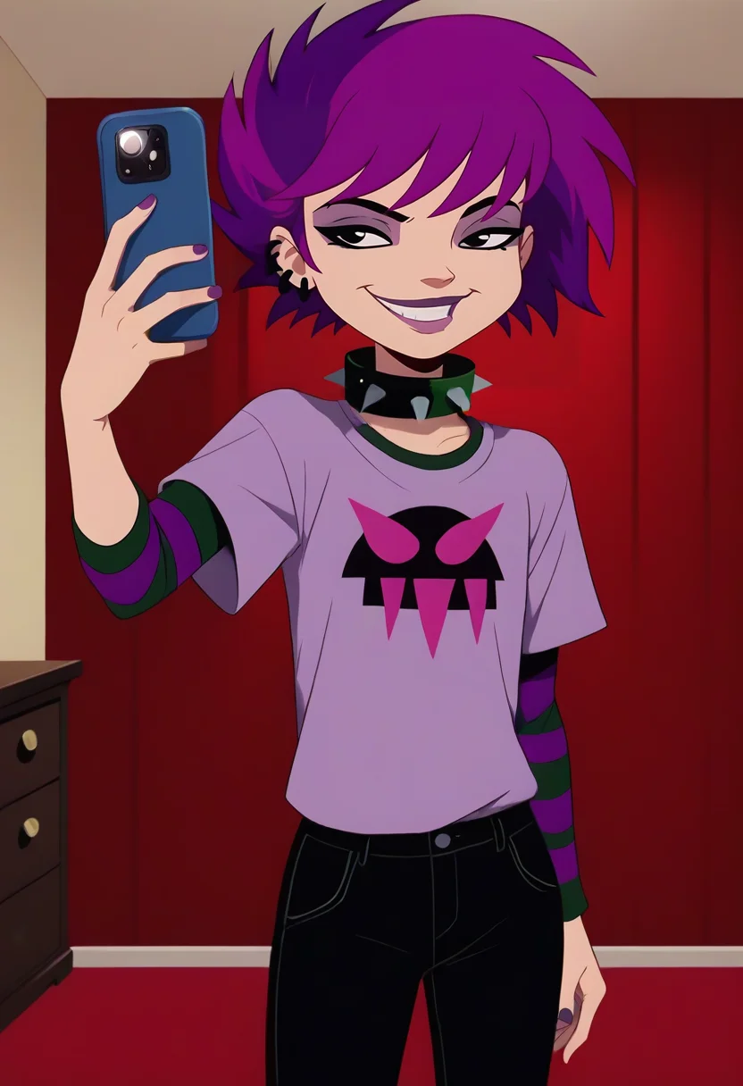 ophelia ramirez, 1girl, purple hair, short hair, shirt, striped sleeves, black pants, standing, smirk, arm up, holding phone, looking at phone,mirror selfie, spiked collar, <lora:ophelia-08:0.8>