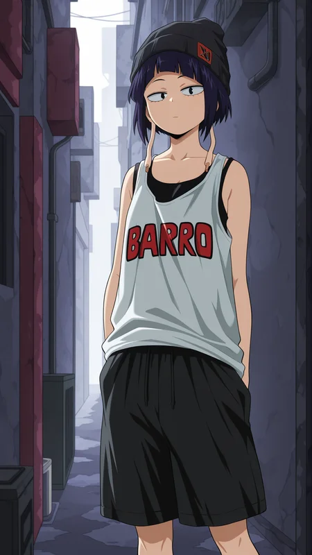 masterpiece, best quality, absurdres, amazing quality, 1girl, solo, <lora:IlluJirou:1> illujiro, short hair, bangs, long earlobes, purple hair, black hair, black eyes, baggy shorts, tank top, beanie, streetwear, alley, oversized clothes, looking at viewer,