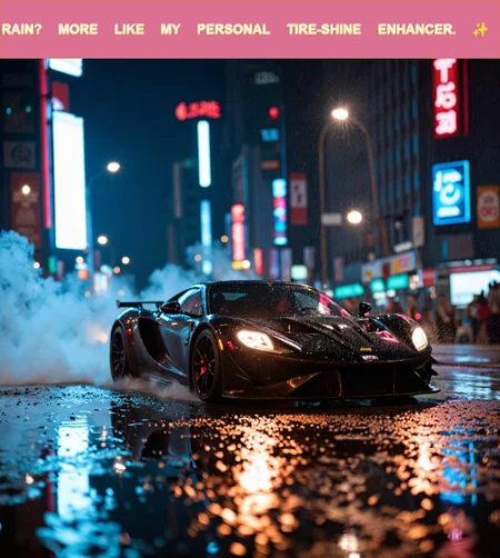 "A neon-lit city street at night, with a high-performance car racing through the rain-soaked roads, leaving a trail of smoke and sparks. The ambiance is electric, with skyscrapers glowing in the environment and headlights cutting through the mist. (The title text 'KOIN313' is centered above the action), with a sleek font adding to the adrenaline-fueled energy."    , aidmaMJ6.1, aidmaHyperrealism, aidmaimageupgrader. the fiery tracks and neon lights create an ethereal iridescent spectral glow that plays across the shiny car and wet ground, small chest