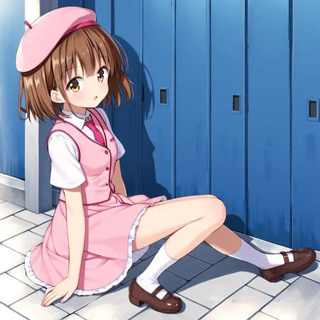 outdoors, <lora:Amatsuka_Sakura_IS:1> amatsukasakura, 1girl, solo, brown hair, short hair, brown eyes, necktie, pink headwear, pink hat, beret, pink dress, white vest, necktie, dress, short sleeves, shoes, brown footwear, mary janes