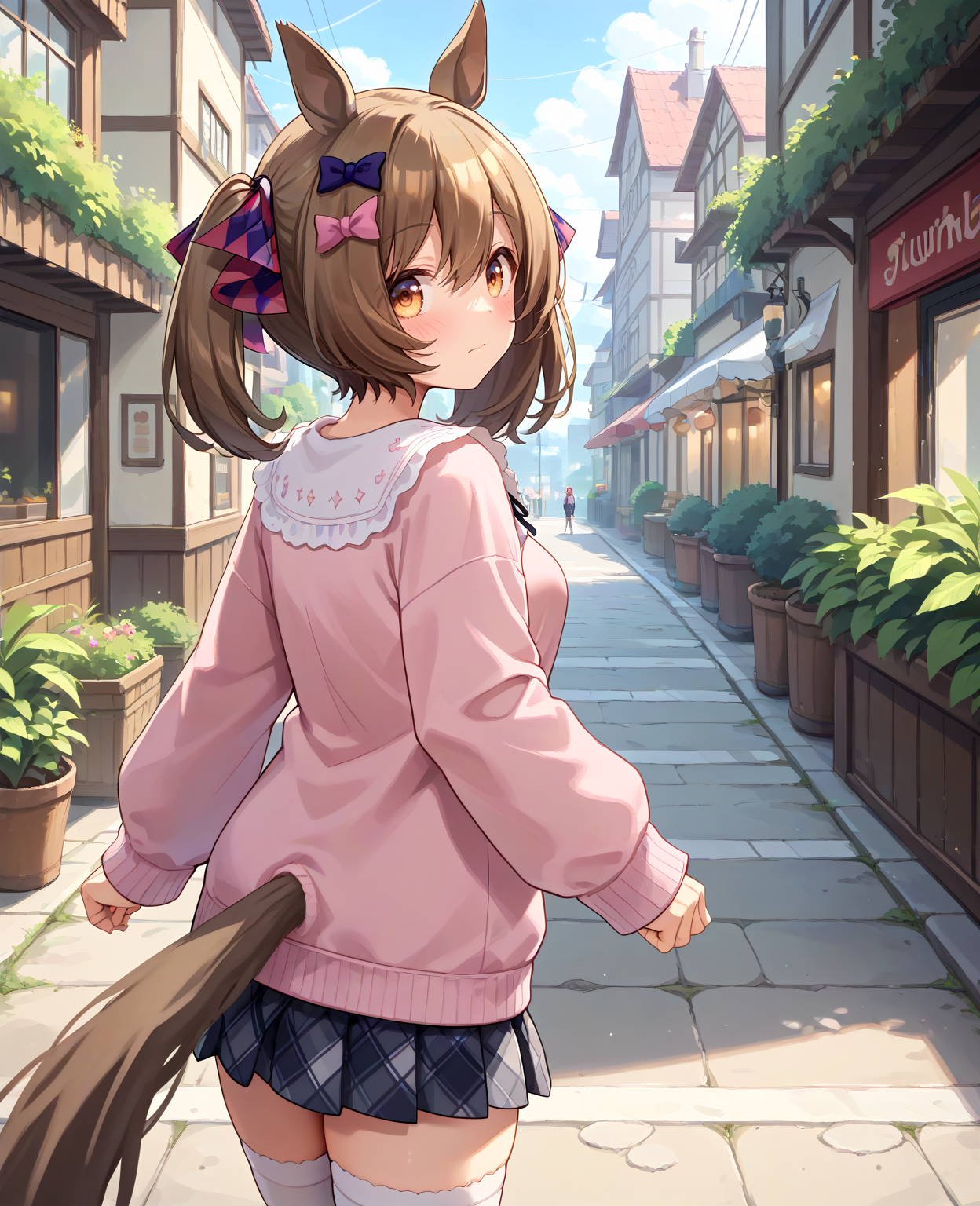 score_9, score_8_up, score_7_up, 1girl, (looking at viewer:1.2), (closed mouth:1.0), , blush, patterned background,, (running:1.4),, (from behind:1.2),
<lora:pony_smart_falcon_v1.01:0.9>, smart falcon \(umamusume\), horse ears, horse tail, medium breasts, twintails,
thighhighs, long sleeves, hair ribbon, plaid skirt, casual, pink sweater, plaid pattern hair ribbon, hairclip, ,
,