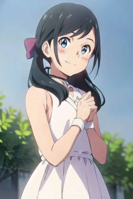 (masterpiece), hina amano, blue eyes, black hair, 1girl, solo, smile, long hair, dress, looking at viewer, bow, blush, hair bow, wrist cuffs, white dress, outdoors