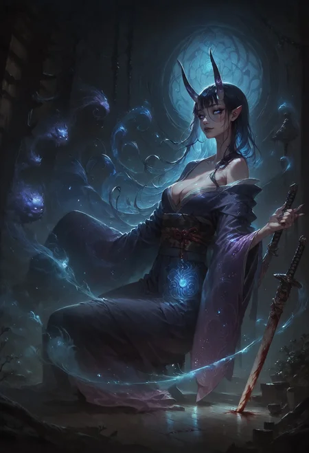 score_9, score_8_up, score_7_up,   realistic, side view, a beautiful oni girl, cosmic kimono, (anthropomorphic:0.8), cosmic horror, horns, cleavage, black makeup, glowing eyes, detailed background, japanese style temple, ghosts, spirits, yokai, sword, plants, tMrM, blood, wooden floor, magic spirit in the air,    <lora:Concept Art DarkSide Style LoRA_Pony XL v6:0.8> concept art,  <lora:Expressive_H-000001:0.8> expressiveh, <lora:m0n0n0k3XLP:0.8> m0n0n0k3 <lora:PonySpiritAnimals> Spirit Animal   <lora:sinfully_stylish_SDXL>