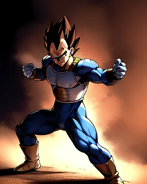 1guy, masterpiece, best quality, absurdres, wallpaper, detailed face, detailed eyes, Vegeta, battle damage, fighing stance, full body, Sayian armor,<lora:Vegeta:0.45>