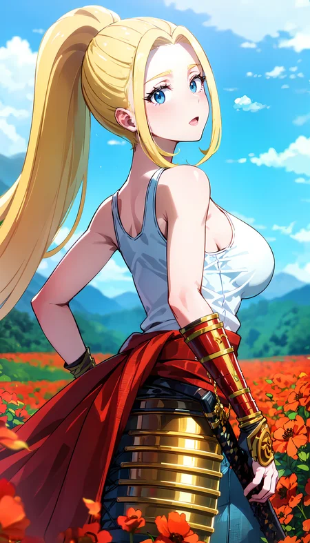 photorealistic, (4k), depth of field, (Masterpiece), (realistic skin texture), extremely detailed, intricate, hyper detailed, professional photography, bokeh, high resolution, sharp detail, best quality, girl, long hair, blonde hair, ponytail, blue eyes, white tank top, (samurai armor), gloves, <lora:GoodHands-beta2:0.8> , <lora:detail_slider_v4:0.8> , arching her back , dynamic pose, <lora:Beatrix Amerhauser:0.7> , mountains in background, rocky mountains, outdoors, nature, blue sky, white clouds, open fields, poppy field, pedals, wind,