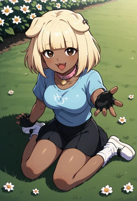 score_9, score_8_up, score_7_up, source anime,
masterpiece, best quality, detailed, amazing quality,
detailed background, bedroom, park, flowers,
detailed eyes, clean eyes,
dynamic pose, from above, sitting in grass,
1woman, woman,
easynegative,
doribun, blonde hair, medium hair, blunt bangs, dark skin, dog ears, Blue shirt, White symbol, black skirt, white socks, white shoes, fingerless gloves, black gloves, pink collar, happy,
beckoning, reaching towards viewer