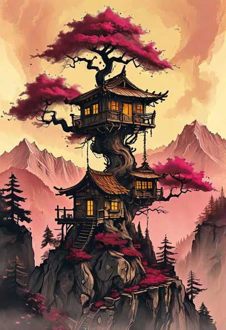 Immaculate surreal ruby bonsai tree, tree houses, taiga, detailed, intricate details, masterpiece, surreal, ink drawing, concept art, faint glow, radiant, digital art, golden hour, intricate background, mountains,