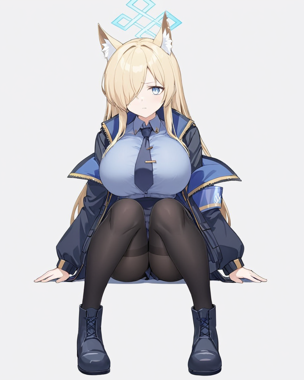 kanna \(blue archive\),1girl, solo, hair_over_one_eye, anger_vein, black_pantyhose, boots, armband, sitting, black_footwear, halo, long_sleeves, collared_shirt, white_background, handcuffs, full_body, animal_ear_fluff, blue_necktie, black_jacket, simple_background, black_necktie, black_skirt, open_jacket, large_breasts
<lora:kanna_(blue_archive)_image1422_2023-11-28:1>halo. gorgeous,key visual, vibrant, studio anime,award-winning, professional, highly detailed,high budget, cinemascope