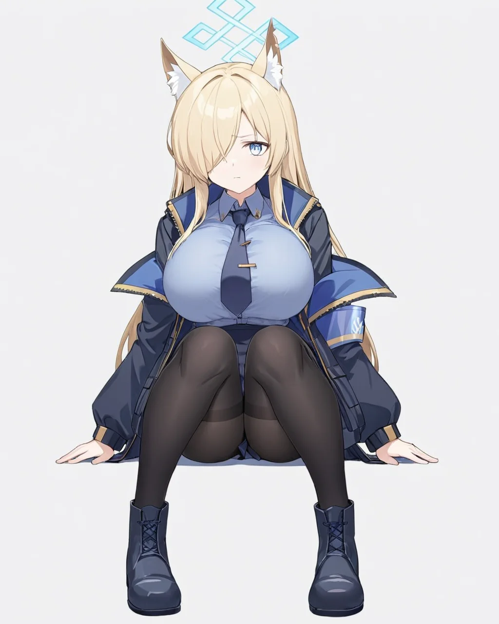 kanna \(blue archive\),1girl, solo, hair_over_one_eye, anger_vein, black_pantyhose, boots, armband, sitting, black_footwear, halo, long_sleeves, collared_shirt, white_background, handcuffs, full_body, animal_ear_fluff, blue_necktie, black_jacket, simple_background, black_necktie, black_skirt, open_jacket, large_breasts
<lora:kanna_(blue_archive)_image1422_2023-11-28:1>halo. gorgeous,key visual, vibrant, studio anime,award-winning, professional, highly detailed,high budget, cinemascope