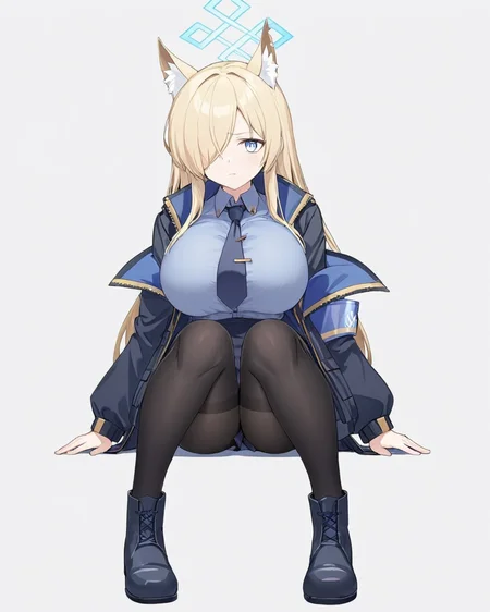 kanna \(blue archive\),1girl, solo, hair_over_one_eye, anger_vein, black_pantyhose, boots, armband, sitting, black_footwear, halo, long_sleeves, collared_shirt, white_background, handcuffs, full_body, animal_ear_fluff, blue_necktie, black_jacket, simple_background, black_necktie, black_skirt, open_jacket, large_breasts
<lora:kanna_(blue_archive)_image1422_2023-11-28:1>halo. gorgeous,key visual, vibrant, studio anime,award-winning, professional, highly detailed,high budget, cinemascope