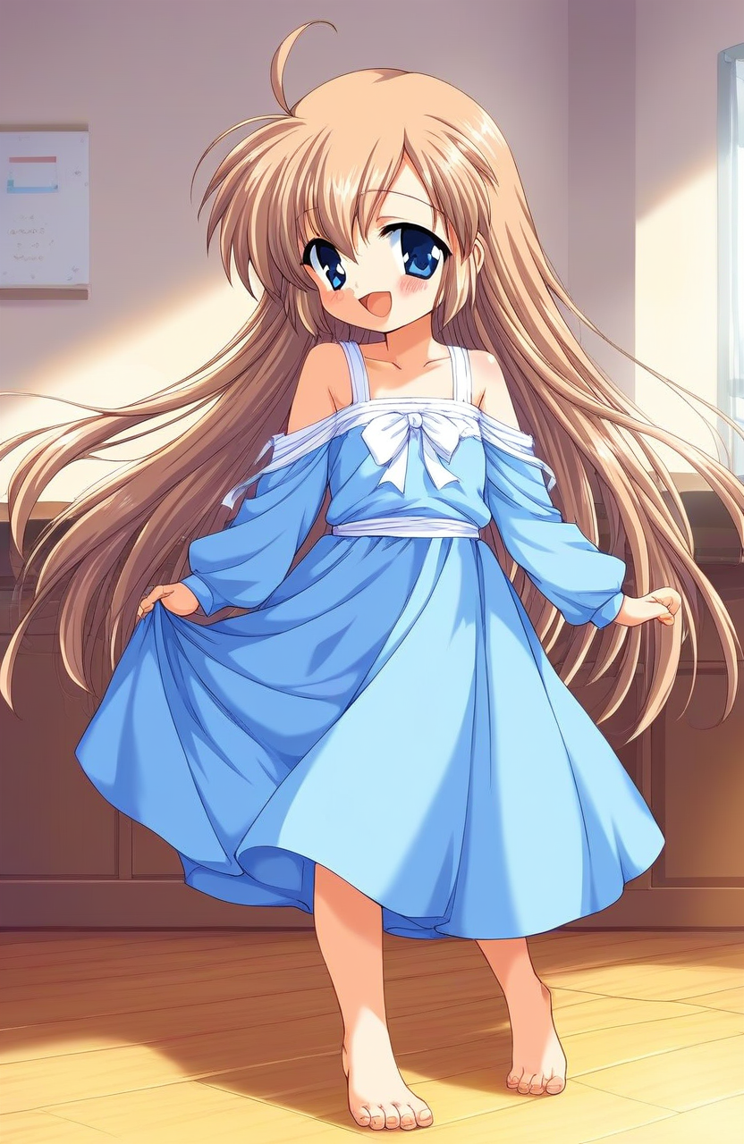 score_9, score_8_up, score_7_up, source_anime, rating_explicit, BREAK <lora:Mizuki_Shiori_XL:1>Mizuki_Shiori, blue eyes, flat chest, brown hair, short stack,
solo, barefoot, long hair, blush, light blue dress, smile, open mouth, ahoge, feet, standing, looking at viewer, :d,  bare shoulders, ribbon, room, flooring,
long sleeve, long skirt,