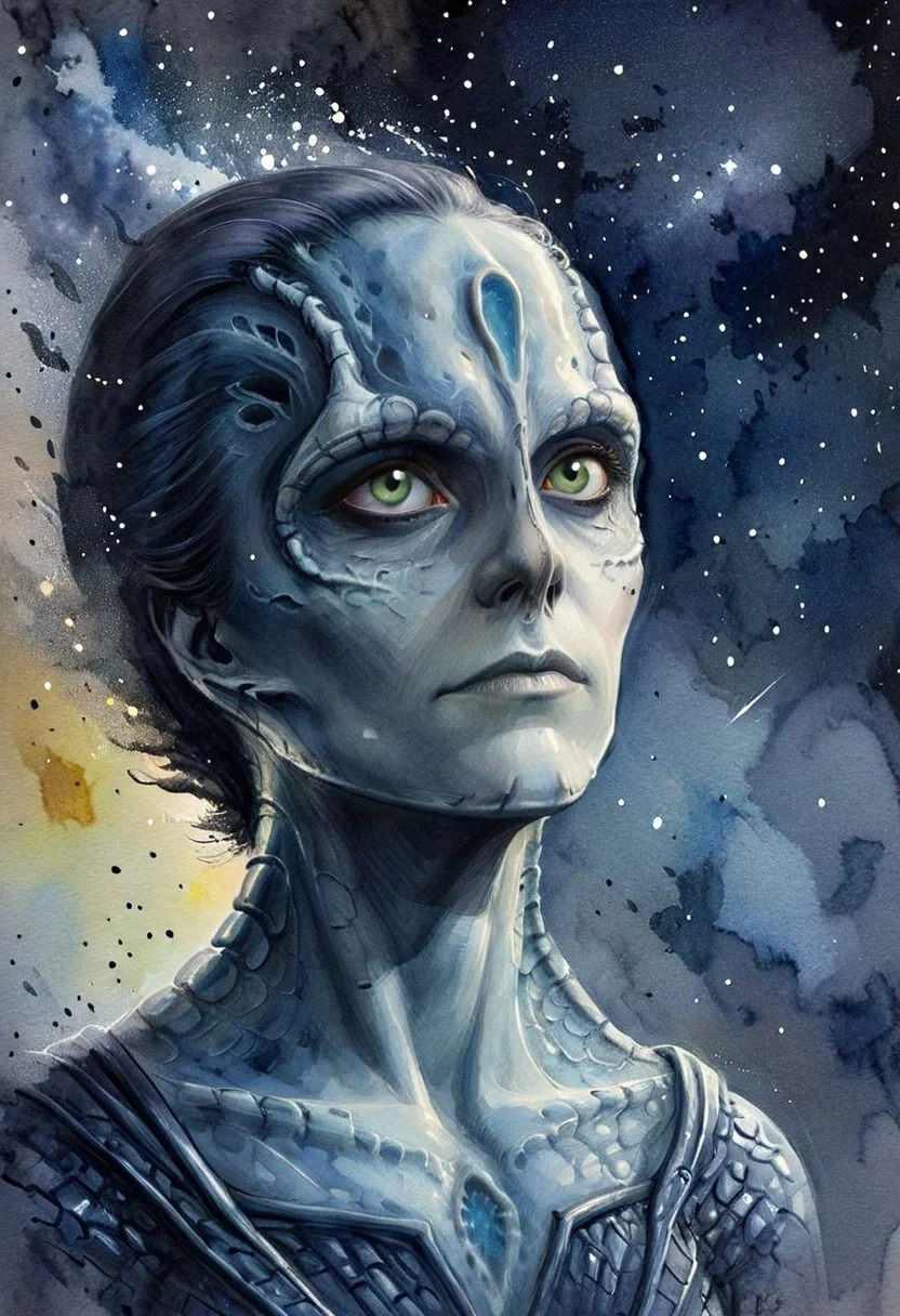 ((novuschroma43 style watercolor sketch) of a female c4rd45514n alien, forehead crest, grey skin, ridges, scales), black starry night time sky background full of stars, ral-dissolve