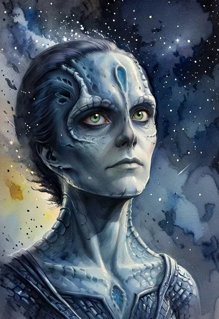 ((novuschroma43 style watercolor sketch) of a female c4rd45514n alien, forehead crest, grey skin, ridges, scales), black starry night time sky background full of stars, ral-dissolve