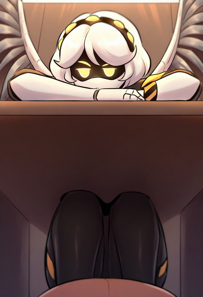 (masterpiece, high quality, highly detailed, best quality), SD-V, 1girl, solo, robot girl, humanoid robot, robot joints, hairband, short white hair, yellow eyes, solid circle pupils,fur-trimmed black jacket, armband, mechanical wings,
 ((1girl, solo, solo focus)), (((under cubicle in office))), wide eyes, tight clothes, skindentation, BREAK in office, detailed background, pov, (((under table))),