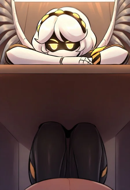 (masterpiece, high quality, highly detailed, best quality), SD-V, 1girl, solo, robot girl, humanoid robot, robot joints, hairband, short white hair, yellow eyes, solid circle pupils,fur-trimmed black jacket, armband, mechanical wings,
((1girl, solo, solo focus)), (((under cubicle in office))), wide eyes, tight clothes, skindentation, BREAK in office, detailed background, pov, (((under table))),