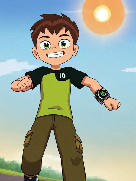 masterpiece,best quality,highres, <lora:ben10reboot:0.7>,ben_tennyson,wristwatch,smile,green shirts,green eyes,short hair,1boy, cargo pants,solo, looking at viewer,running,from below, sun,sky