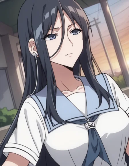 score_9, score_8_up, score_7_up, source_anime, <lora:misa-suzuhara-ova-ponyxl-lora-nochekaiser:1>, misa suzuhara, long hair, black hair, very long hair, hair between eyes, large breasts,, skirt, school uniform, pleated skirt, serafuku, socks,, suburban neighborhood, morning jog, earphones, running shoes, fresh air, sunrise, , , v, v over eyes,, solo,, dutch angle,