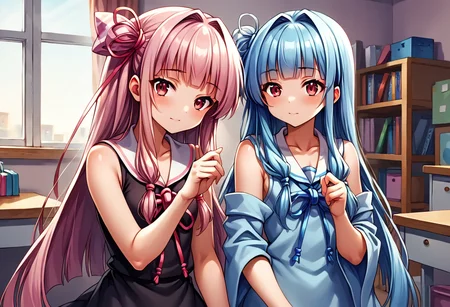 score_9, score_8_up, score_7_up, source_anime, BREAK
2girls, sisters, kotonoha aoi, blue hair, black dress, kotonoha akane, pink hair, white dress,
<lora:Kotonoha_MMD_Pony_V1:0.85>KotonohaMMD, pink eyes, long hair, bangs, blunt bangs, sidelocks, very long hair, hair intakes,hair ribbon, ribbon, hair ornament, hair tie, yagasuri,
dress,sleeveless, bare shoulders, collared dress, wide sleeves, long sleeves,
zettai ryouiki, thighhighs, thighhighs under boots, knee boots,
(upper body,t:1.5),window, television, computer, chair, table, girls room,