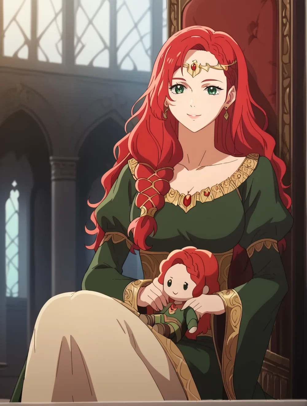 score_9, score_8_up, score_7_up, (anime coloring), anime screencap, clean outlines, <lora:HeraLOTR:0.9>, HeraLOTR, solo, red hair, long hair, braid, green dress, jewelry, earrings, circlet, green eyes, flowing hair, long sleeves, breasts, waist, hips, knees, smile, cute, indoors, in throne room, holding character doll, detailed background, realistic background, dark scenery, godrays, depth of field, shadows, yellow tint <lora:holding_fufu_pony_d16:1>