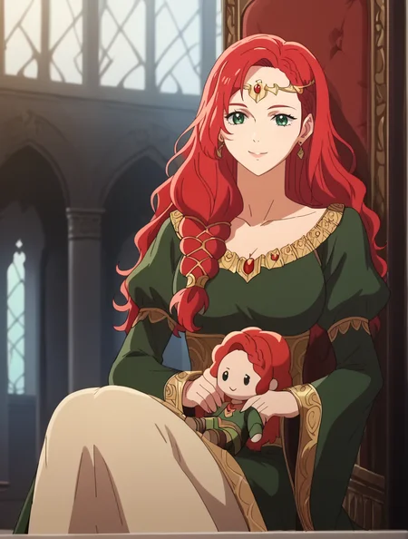 score_9, score_8_up, score_7_up, (anime coloring), anime screencap, clean outlines, <lora:HeraLOTR:0.9>, HeraLOTR, solo, red hair, long hair, braid, green dress, jewelry, earrings, circlet, green eyes, flowing hair, long sleeves, breasts, waist, hips, knees, smile, cute, indoors, in throne room, holding character doll, detailed background, realistic background, dark scenery, godrays, depth of field, shadows, yellow tint <lora:holding_fufu_pony_d16:1>